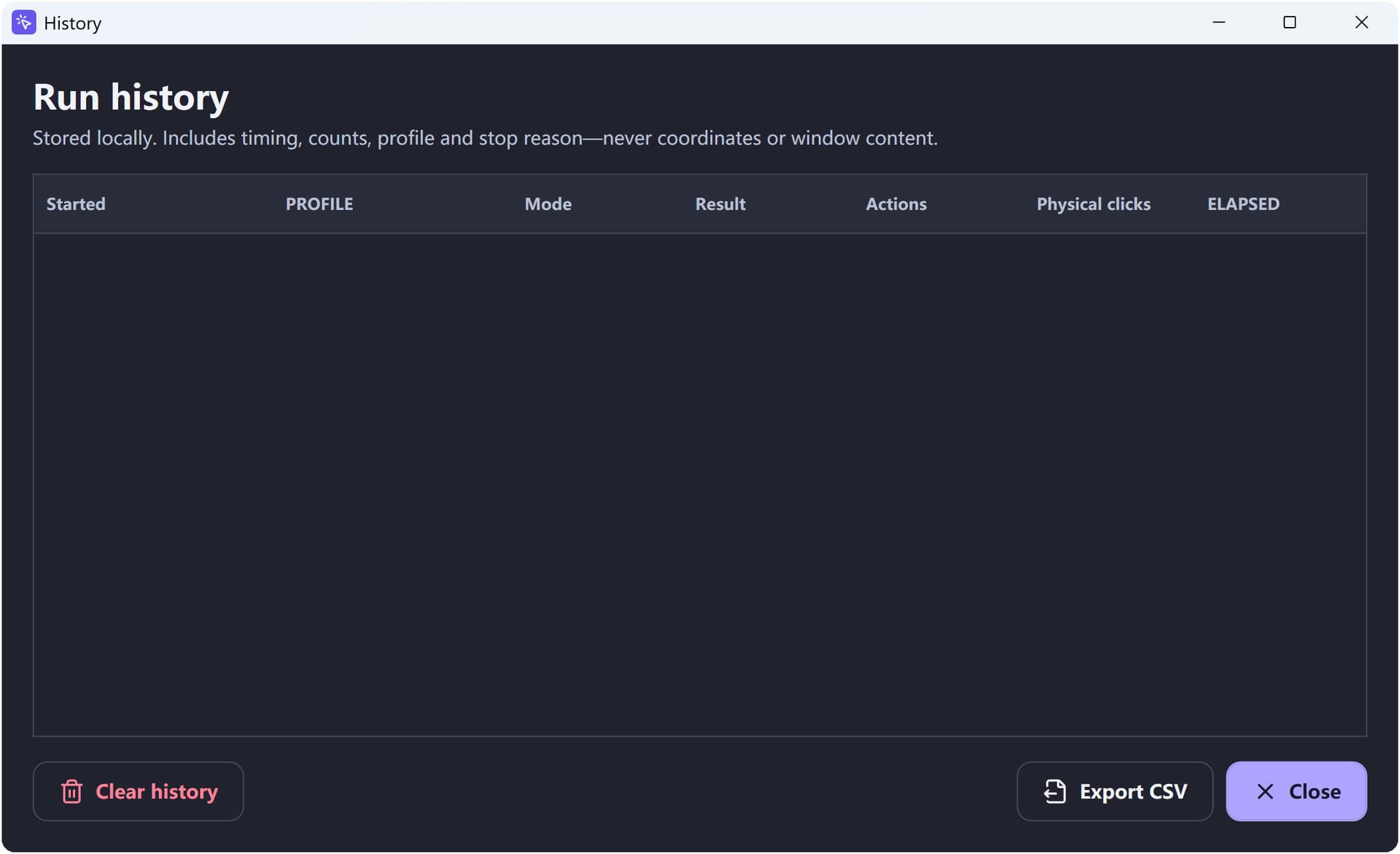Local run history with CSV export